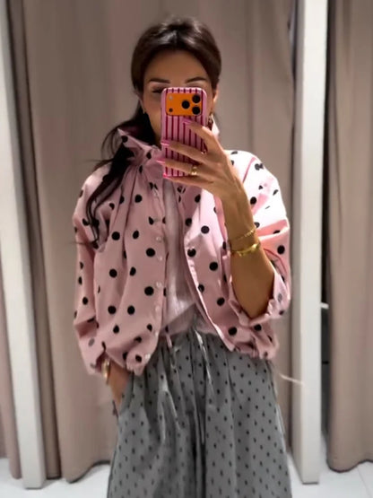 HH Woman Long Sleeve Pink Polka Dot Jacket Fashion Single Breasted High Collar Short Coat Women Spring Casual High Street Jacket