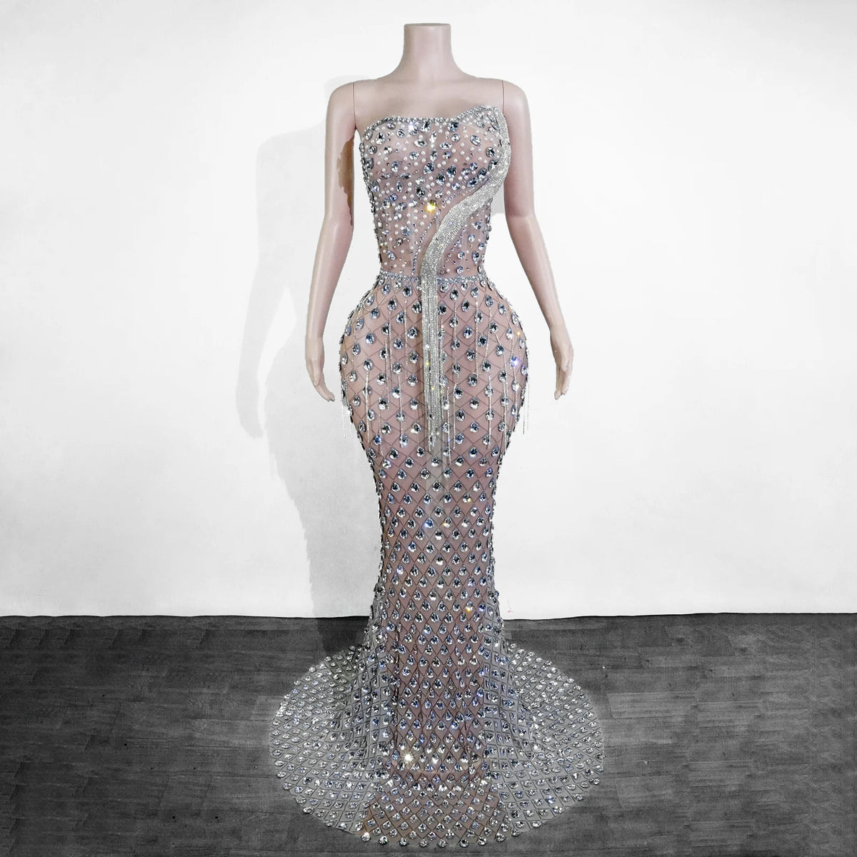 High End Ladies Formal Dress Sparkling Rhinestone Tubular Maxi Dress Sexy Birthday Dinner Dance Celebration Party Stage Costume