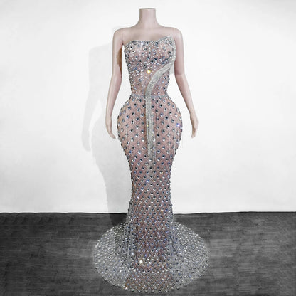 High End Ladies Formal Dress Sparkling Rhinestone Tubular Maxi Dress Sexy Birthday Dinner Dance Celebration Party Stage Costume