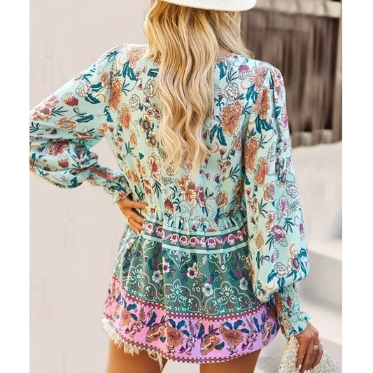 Women's Vintage Floral Print Boho Blouse Sexy V Neck Long Sleeve Tops Casual Date Work Summer Beach Loose Blouses Women Shirts