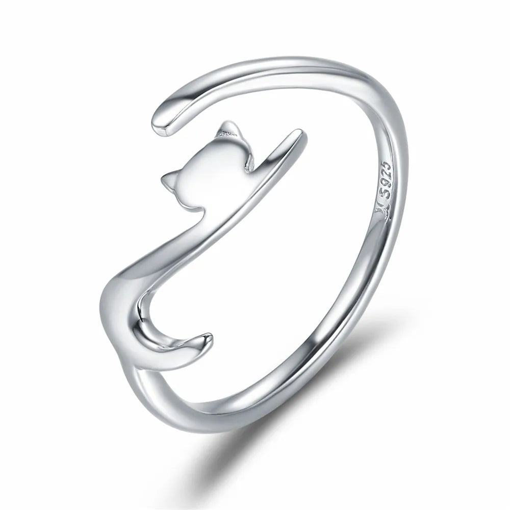 WOSTU 925 Sterling Silver Pet Cat Stackable opening Ring For Women Snake Dog Adjustable rings Fine Jewelry Party Birthday Gift