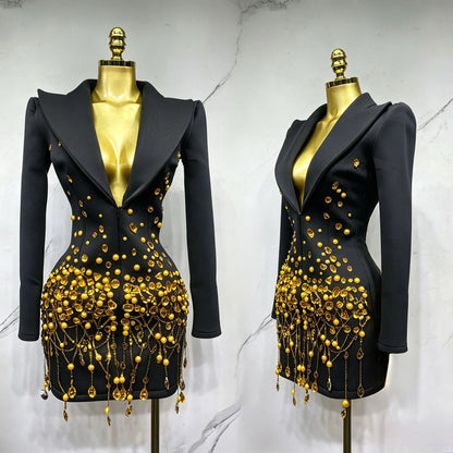 Sparkly Crystal Chains Pearls Long Sleeve Mini Dress Women Birthday Evening Party Nightclub Outfit Singer Wedding Costume