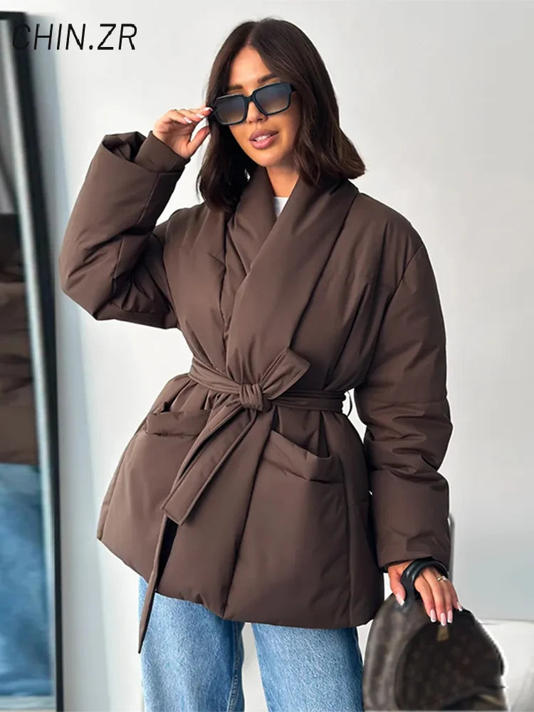 Casual Lace Up Women Winter Coats 2026 Belt Stand Collar Zipper Full Sleeve Kimono Jacket Lady Solid Thick Warm Outwear New