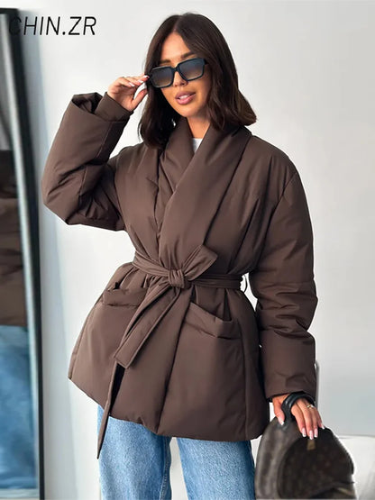 Casual Lace Up Women Winter Coats 2026 Belt Stand Collar Zipper Full Sleeve Kimono Jacket Lady Solid Thick Warm Outwear New
