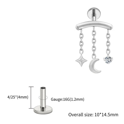 Right Grand ASTM F136 Titanium Hidden Helix Chain Earring 16G Dainty Star Moon CZ Dangle Cartilage Stud Piercing Jewelry
