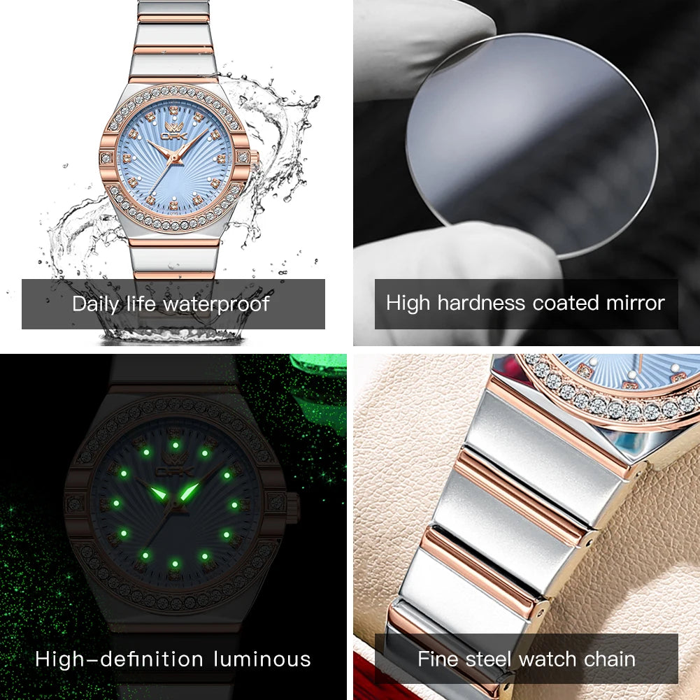 OPK 6042 Women's Quartz Watches Elegant Fashion Stainless Steel Strap Waterproof Luminous Diamond Dial Ladies Dress Wristwatches