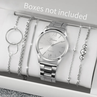 6PCS/Set Fashion Roma Dial Women Quartz Watch Silver Alloy Band Female Wrist Watches Bracelets Set（Without Box）