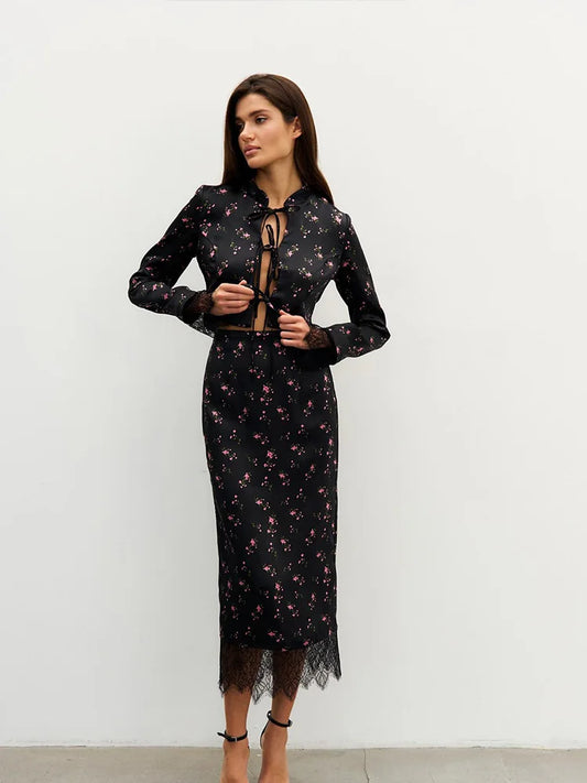 Women's Floral Long-Sleeve Top & Skirt Set