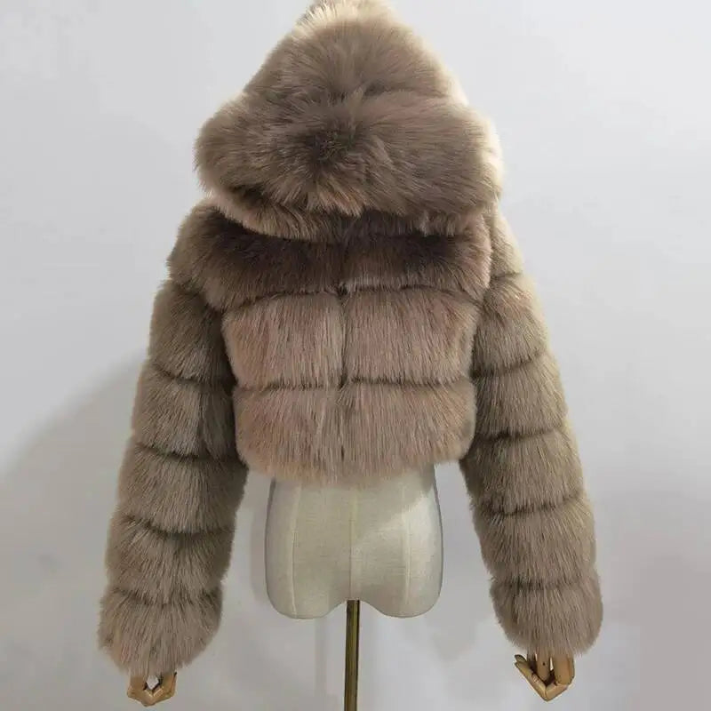S-6XL Women Coat Autumn Winter Short Hooded Faux Fox Fur Coat Thick Warm Outerwear Fake Fur Woman Jackets Ladies Furry Coats