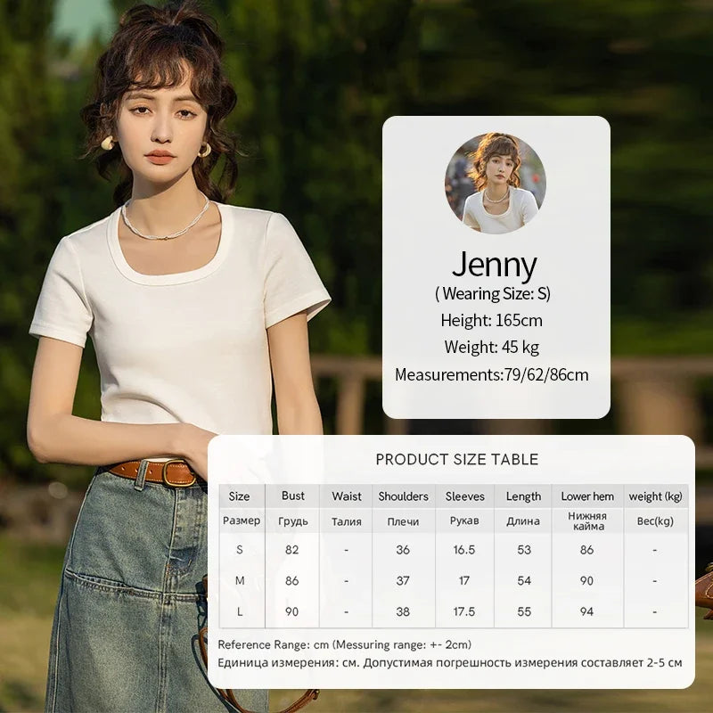 MISHOW Short Sleeve T-shirts Women Spring Solid Square-neck Top Elegant Woman Clothes Office Lady Cotton Tees MXC12T0641