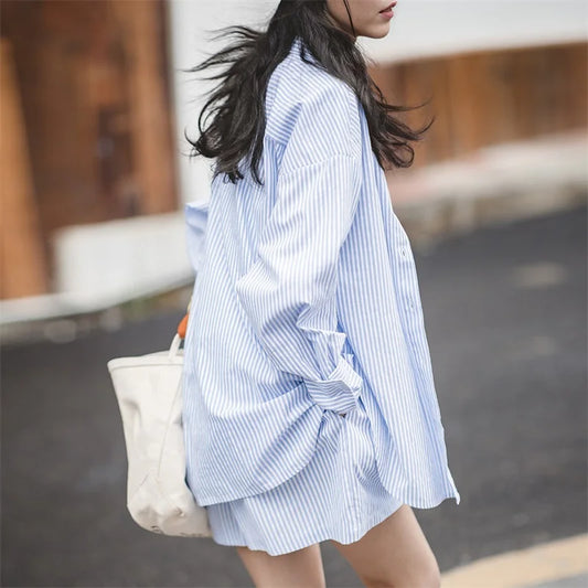 Women's Striped Cotton Shirt & Shorts Set