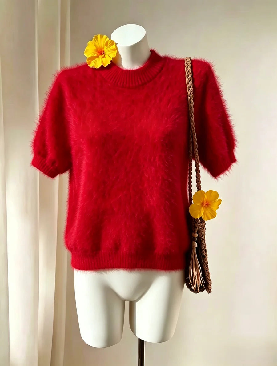 Bornladies Women's Furry Short Sleeved New Series Round Neck Soft Slim Basic Top Suitable for Daily Commuting Wearing Pullover