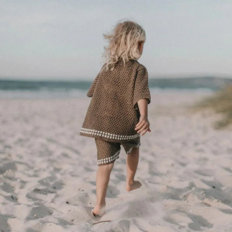 DGUKYM New Summer Baby Clothes Hollow Out Turn-down Collar Knitted Sweater Cardigan Shorts Set Baby Sweater Two-piece Set