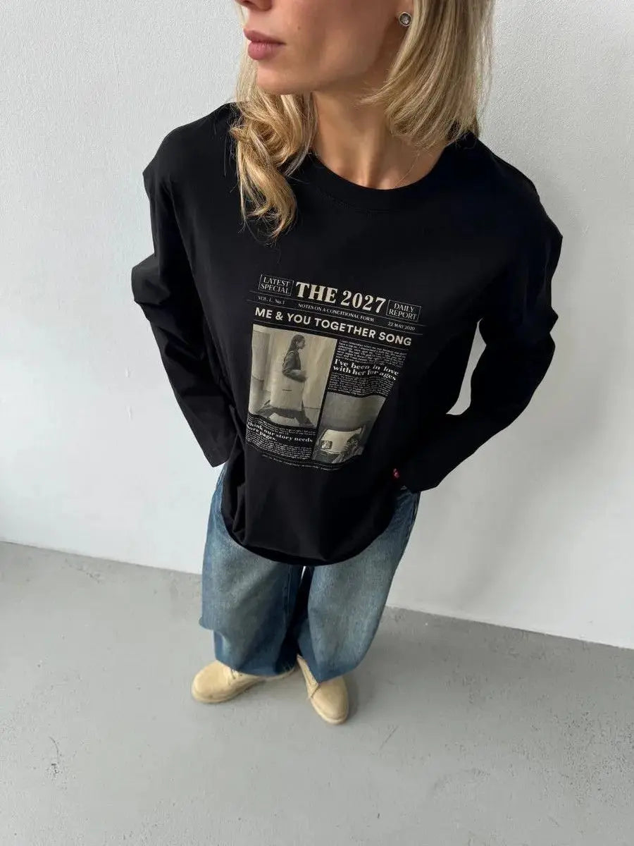 French Street Fashion Pure Cotton Long Sleeve Shirts Retro Letter Graphic Thin Sweatshirts Women Elegant Lady Tops Trendy Autumn