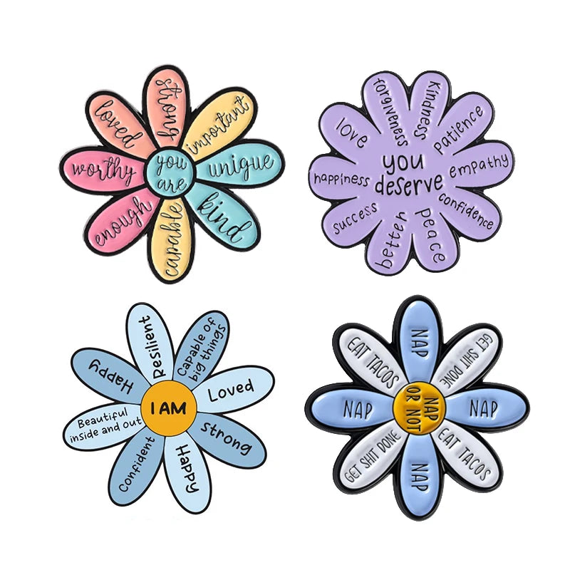 Motivational Flower Brooch Enamel Pins Encouraging Quotes You are Enough Worthy Strong Brooch Bag Clothes Badge Gift for Friends