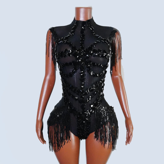 Black Sequins Fringes Leotard Mesh See through Party Bodysuit Women Sparkle Rhinestones Nightclub Prom Gogo Dance Stage Outfits