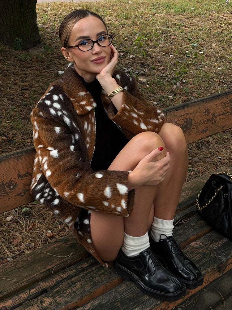 Retro Faux Fur Deer Spotted Skirt Set Lady Lapel Zip High Waist Animal Print Warm Cropped Jacket Set Fall Winter Matching Outfit