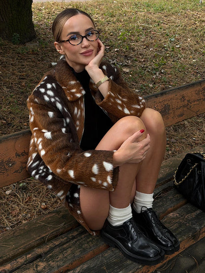 Retro Faux Fur Deer Spotted Skirt Set Lady Lapel Zip High Waist Animal Print Warm Cropped Jacket Set Fall Winter Matching Outfit