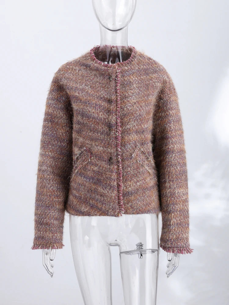 Elegant Tweed Short Coats Women's Loose Fringe Trim Full Sleeves Round Neck Jackets 2026 New Ladies Autumn Office Outwear
