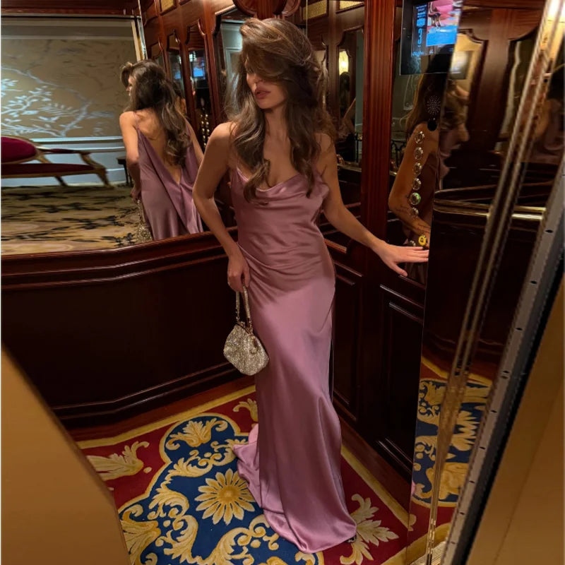 Backless Satin Long Sling Dress Women V Neck Sleeveless Slit Solid Sexy Party Dresses 2026 Summer Lady Vacation Evening Robes