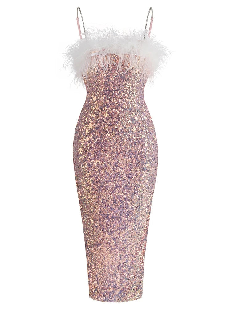 Sexy Diamonds Spaghetti Strap Feathers Midi Dress Women Sleeveless Chain Sequins Bodycon Dresses Evening Party Cocktail Gowns