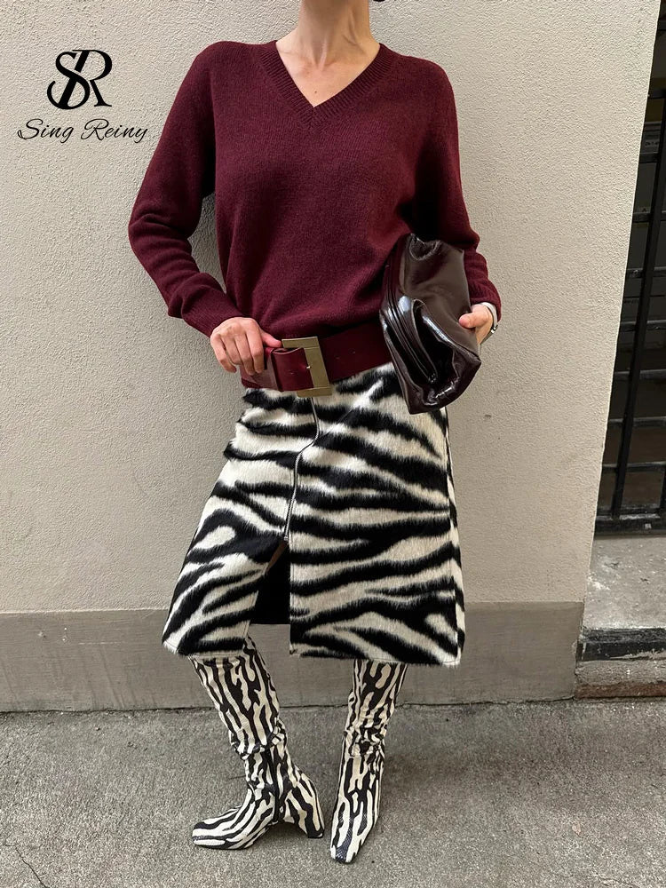 SINGREINY Fluffy Zebra Print Midi Skirt Autumn French Elegant Zipper High Waist Split Slim Female Commute Trendy Street Skirts