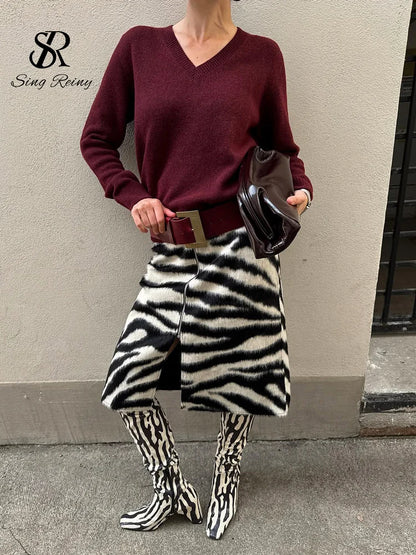 SINGREINY Fluffy Zebra Print Midi Skirt Autumn French Elegant Zipper High Waist Split Slim Female Commute Trendy Street Skirts