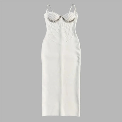 Women Sexy Beading Spaghetti Strap Bandage Dress Bodycon Clothes Club Party Celebrity Elegant Dresses