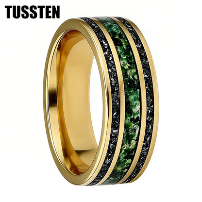 TUSSTEN 8MM Men's and Women's Wedding Tungsten Ring Inlaid Moss Agate And Meteorolite Inlay Comfortable Fit