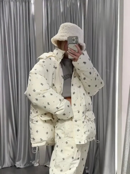 Casual Cotton Print Hooded Jacket Women Thicken Loose Full Sleeve Zipper Big Pockets Coat 2026 Fashion Autumn Winter Jackets