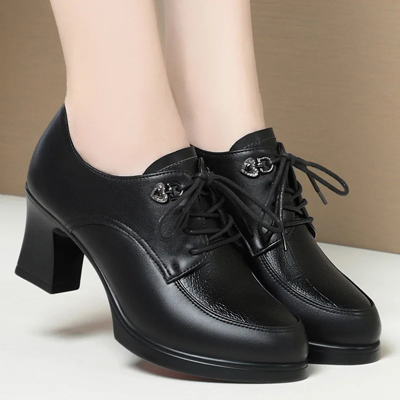 British Style Deep Mouth Soft Leather Oxford Shoes Women's Platform Pumps 2024 Spring Block High Heels Shoes for Office Mom