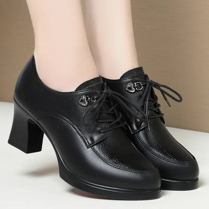 British Style Deep Mouth Soft Leather Oxford Shoes Women's Platform Pumps 2024 Spring Block High Heels Shoes for Office Mom
