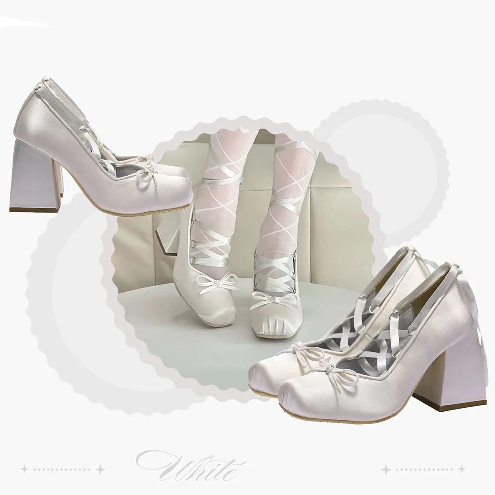 Brand Big Size 43 Square Heels Pink Cross-tied Ballerina Pumps Satin White Lace-up Sweet Lolita Mary Janes Ballet Shoes Women