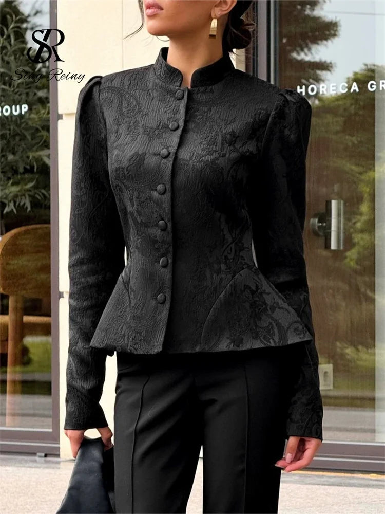 SINGREINY Jacquard Senior Blazer Autumn Stand Neck Full Sleeve Single Breast French Retro Coat Female Office Lady Slim Outerwear