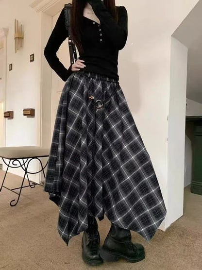 Fashionable Retro Plaid Asymmetrical High Waist Midi Skirt Women's Autumn Winter New Belted Full A-Line Skirt Long Skirt