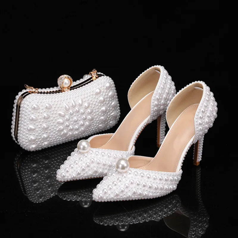 Luxury full pearls Beaded Decoration Women Pumps Elegant Pointed toe Thin High heels Female Wedding Bridal Banquet Prom Shoes