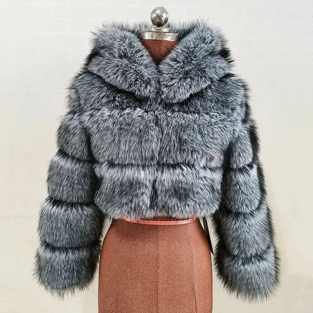 S-6XL Women Coat Autumn Winter Short Hooded Faux Fox Fur Coat Thick Warm Outerwear Fake Fur Woman Jackets Ladies Furry Coats