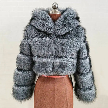 S-6XL Women Coat Autumn Winter Short Hooded Faux Fox Fur Coat Thick Warm Outerwear Fake Fur Woman Jackets Ladies Furry Coats