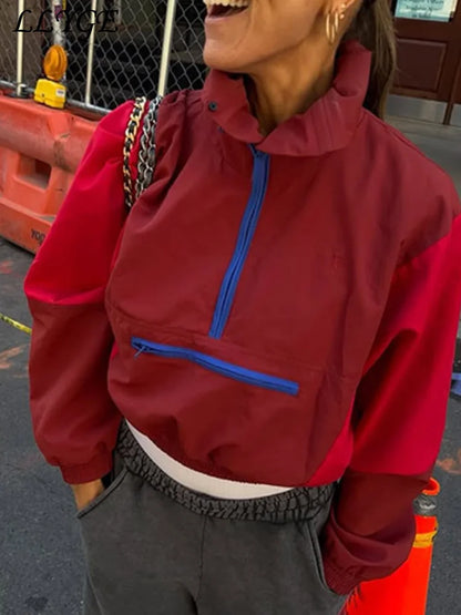 Casual Paneled Contrast Women's Cropped Windbreaker Loose Stand Collar Zipper Full Sleeve Jackets 2026 Autumn Lady Chic Outwear