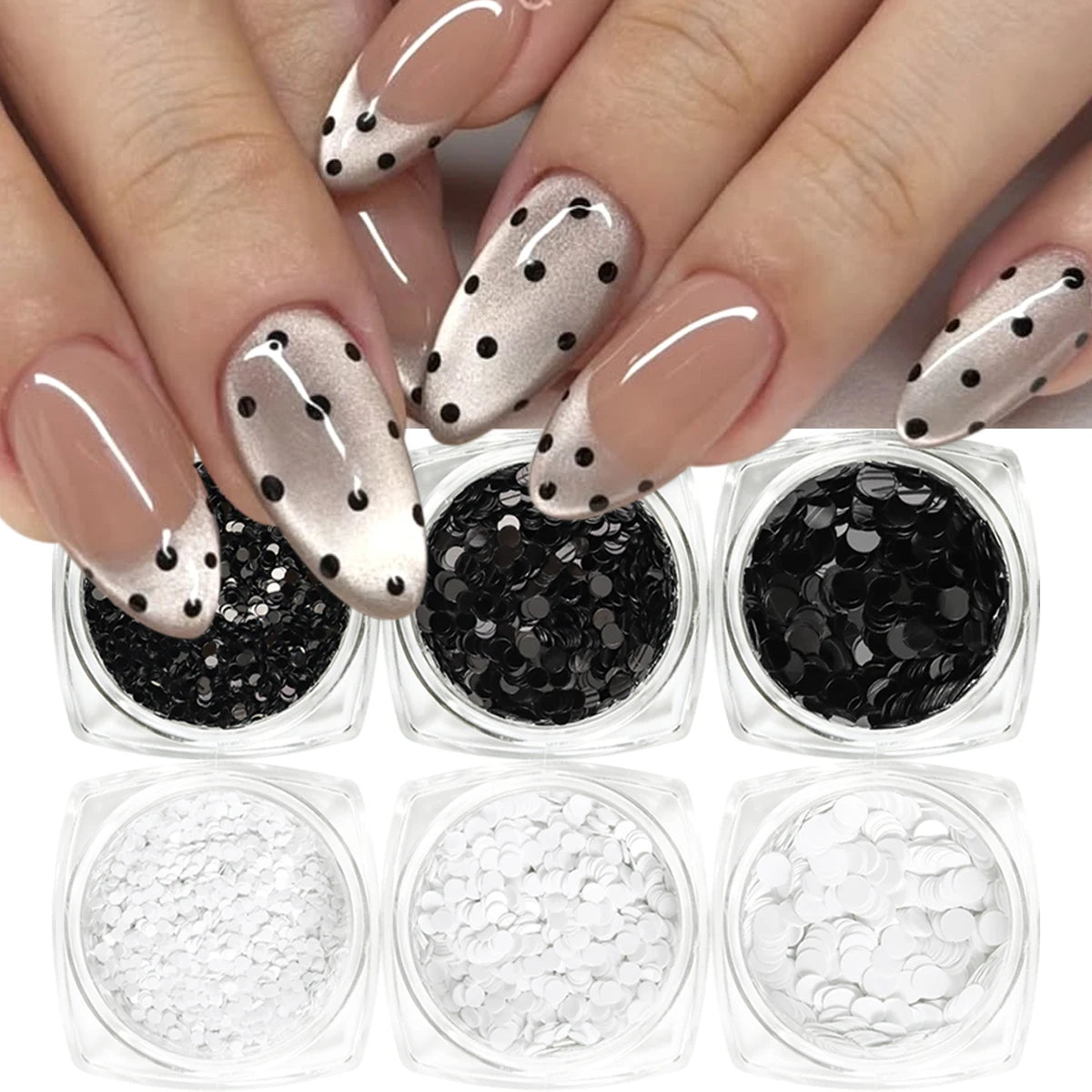 Black and White Polka Dot Glitter Nail Art Accessories, Retro Floral Patchwork Glitter Nail Art, DIY Versatile Round Dot Glitter