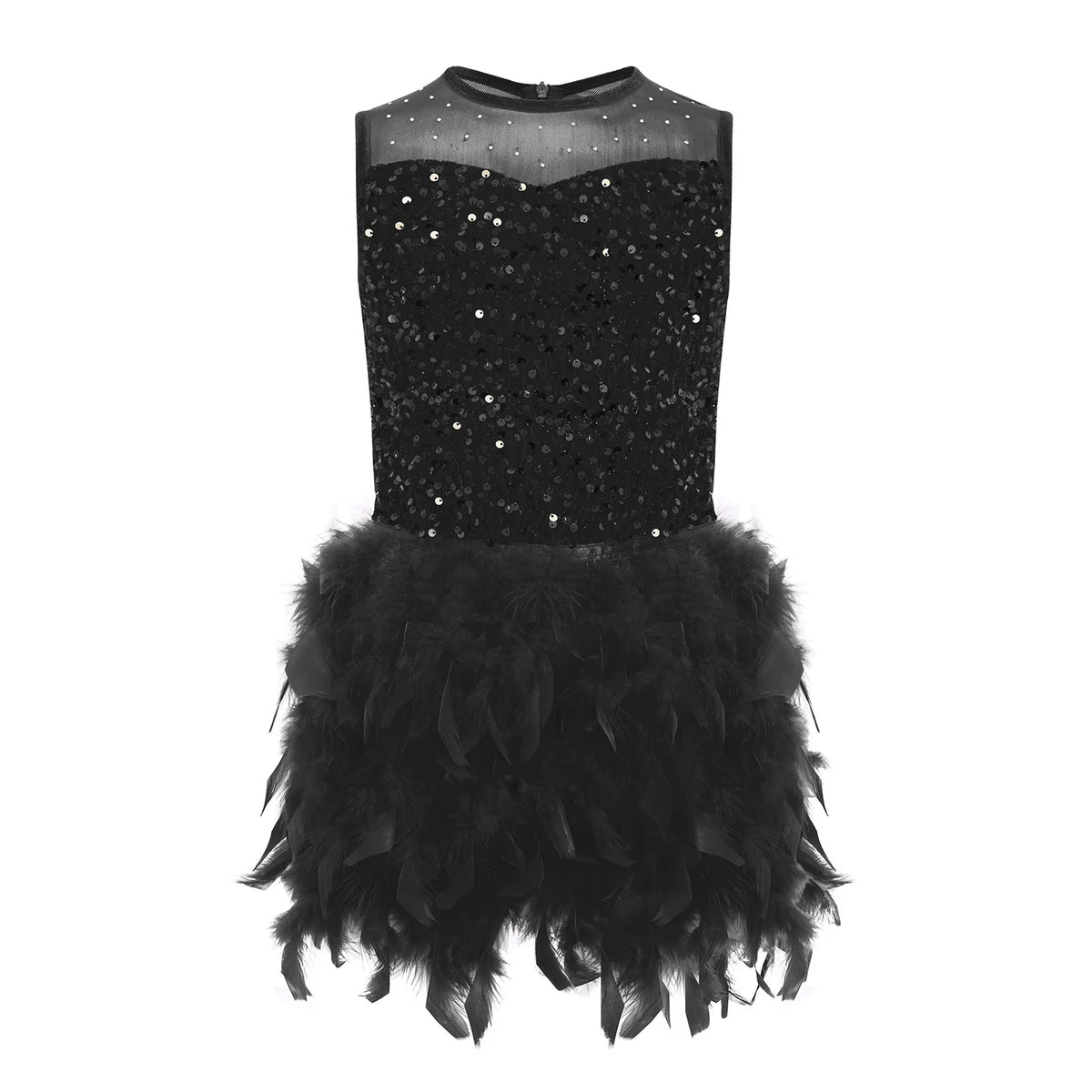 Kids Girls Ballet Leotard Dress Dance Performance Costume Long Sleeve Sheer Mesh Patchwork Sequins Feather Velvet Tulle Dress