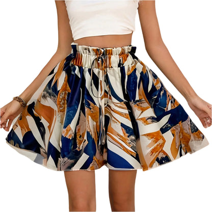 Women's Bohemian shorts high waist drawstring loose shorts lightweight comfortable beach shorts print wide leg short pants