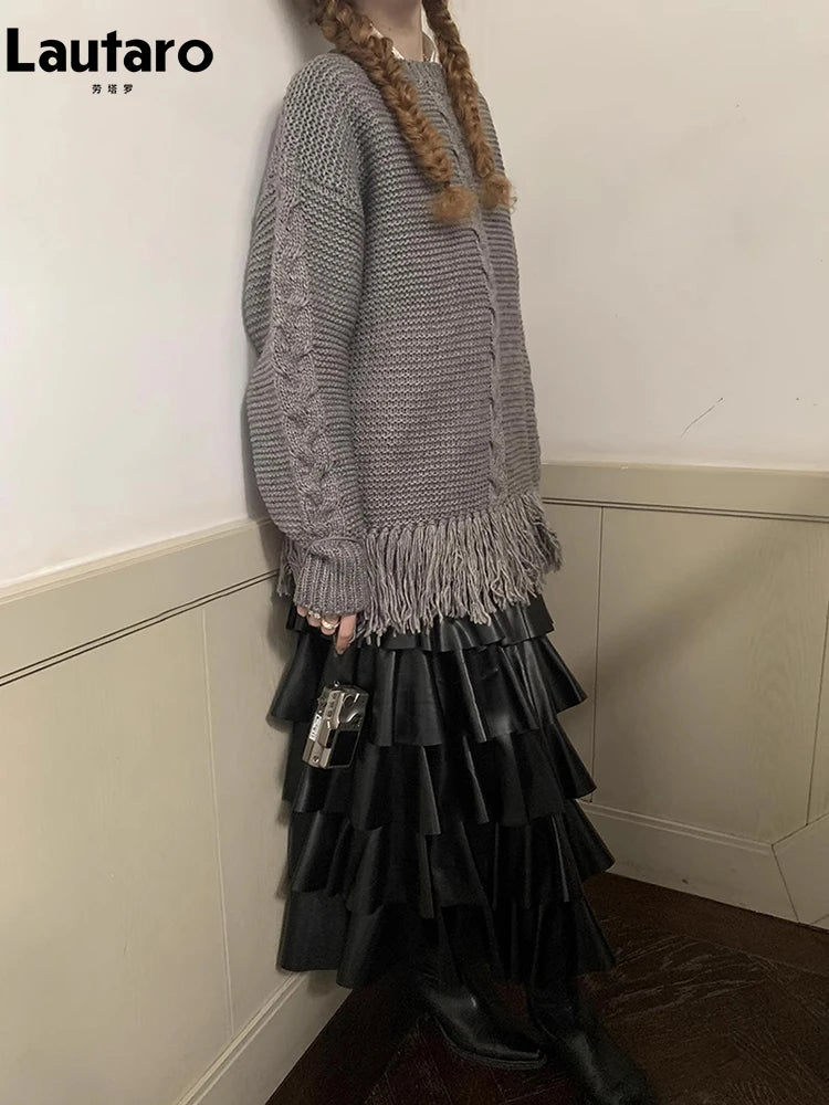 Lautaro Spring Autumn Black Pu Leather Midi Tiered Skirt Women with Elastic High Waist Long Elegant Luxury Designer Clothes 2023