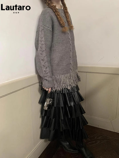 Lautaro Spring Autumn Black Pu Leather Midi Tiered Skirt Women with Elastic High Waist Long Elegant Luxury Designer Clothes 2023