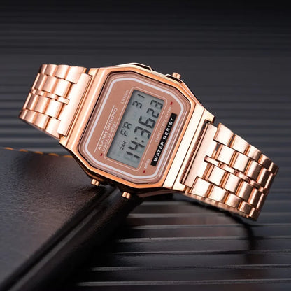 LED electronic watch with steel strip, small square, Harajuku style multifunctional watch