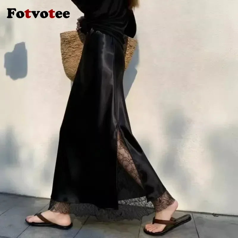 FOTVOTEE Elegant Satin Fish Tail Half Skirt High Waist Lace Splice Side Slit Draping Long Women's Skirt Slimming Party Midi Skin