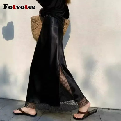 FOTVOTEE Elegant Satin Fish Tail Half Skirt High Waist Lace Splice Side Slit Draping Long Women's Skirt Slimming Party Midi Skin