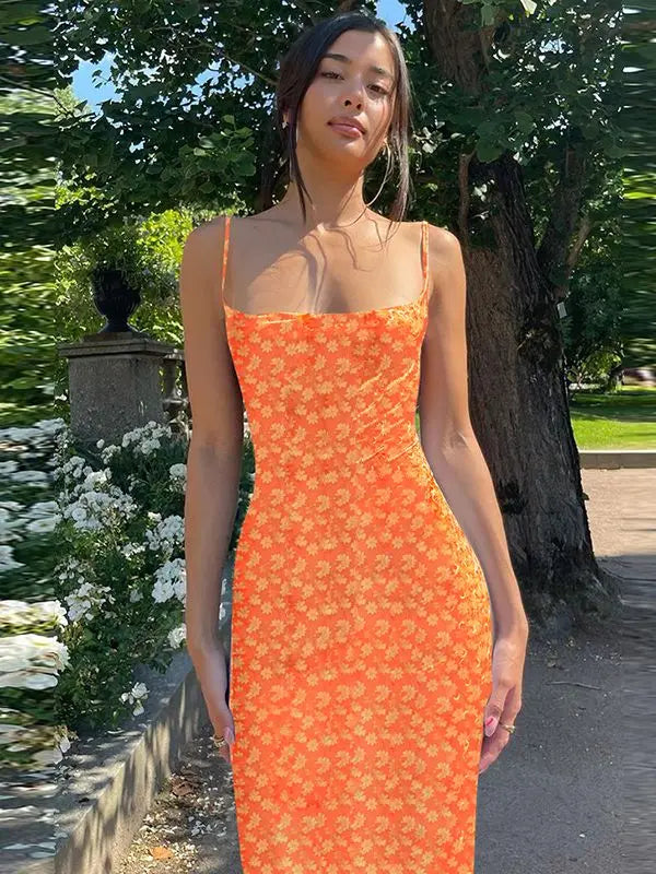 Hugcitar Flower Print Slip Sleeveless Backless Slim Sexy Maxi Dress Spring Women Elegant Streetwear Party Clothing Concise