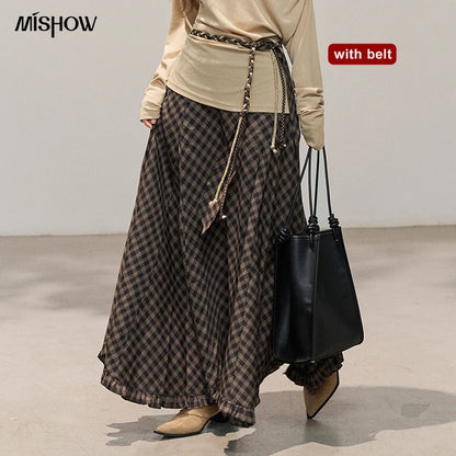 MISHOW Women's Plaid Ruffle Hem Midi Skirt with Belt 2026 Summer High Waist A-Line Skirt Loose Fit Vintage Long Skirt MXF14B2483