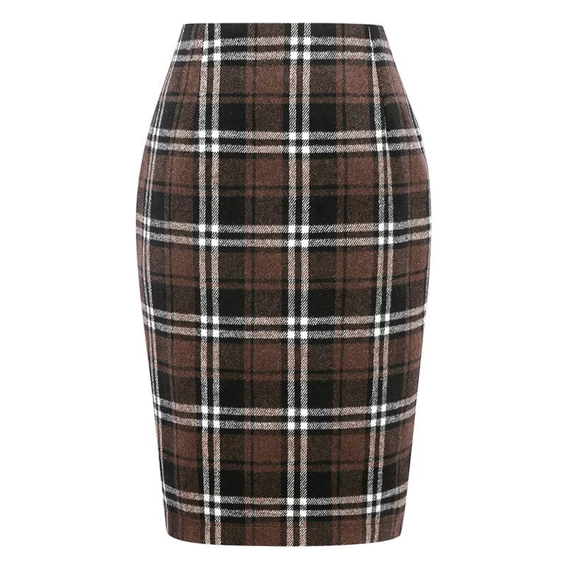 Women Tartan Plaid Thick Woolen Pencil Skirt Lined Back Invisible Zipper High Waist Bodycon Midi Skirt For Daily Casual Outings